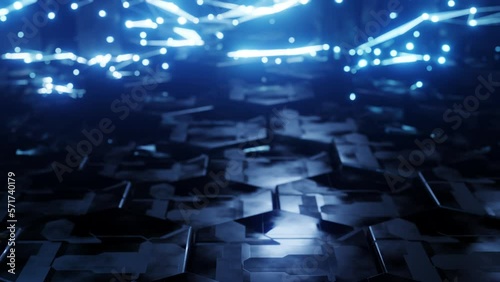 Futuristic hexagon background. Abstract blue neon light. Dark 3d render. Seamless loop. Random hexagonal blocks motion. Design from the future. 