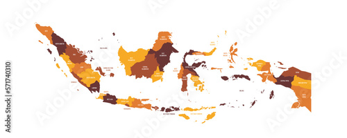 Indonesia political map of administrative divisions - provinces and special regions. Flat vector map with name labels. Brown - orange color scheme.