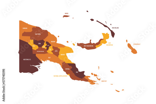 Papua New Guinea political map of administrative divisions - provinces, autonomous region and National Capital District. Flat vector map with name labels. Brown - orange color scheme.