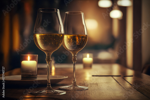 Couple glassess of the champagne or white wine are placed on wooden table in restaurant background