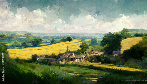 Beautiful Cotswold Hills Painting, Generative AI