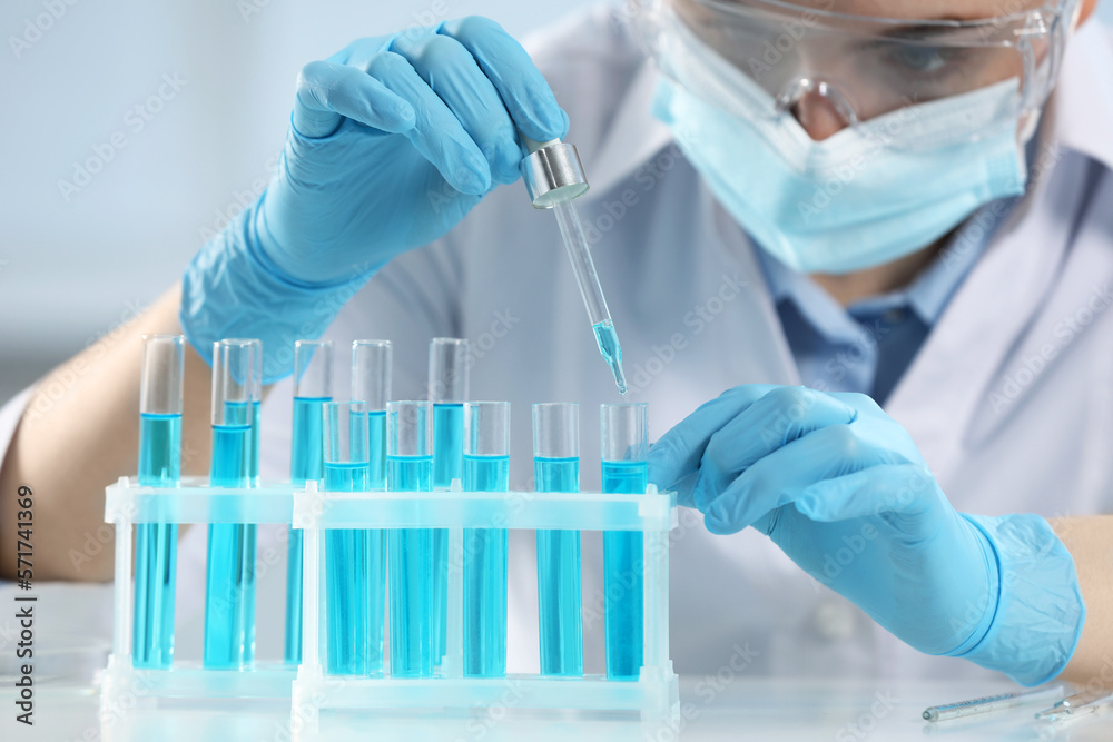 Scientist dripping liquid from pipette into test tube on blurred background, closeup Scientist dripping liquid from pipette into test tube on blurred background, closeup