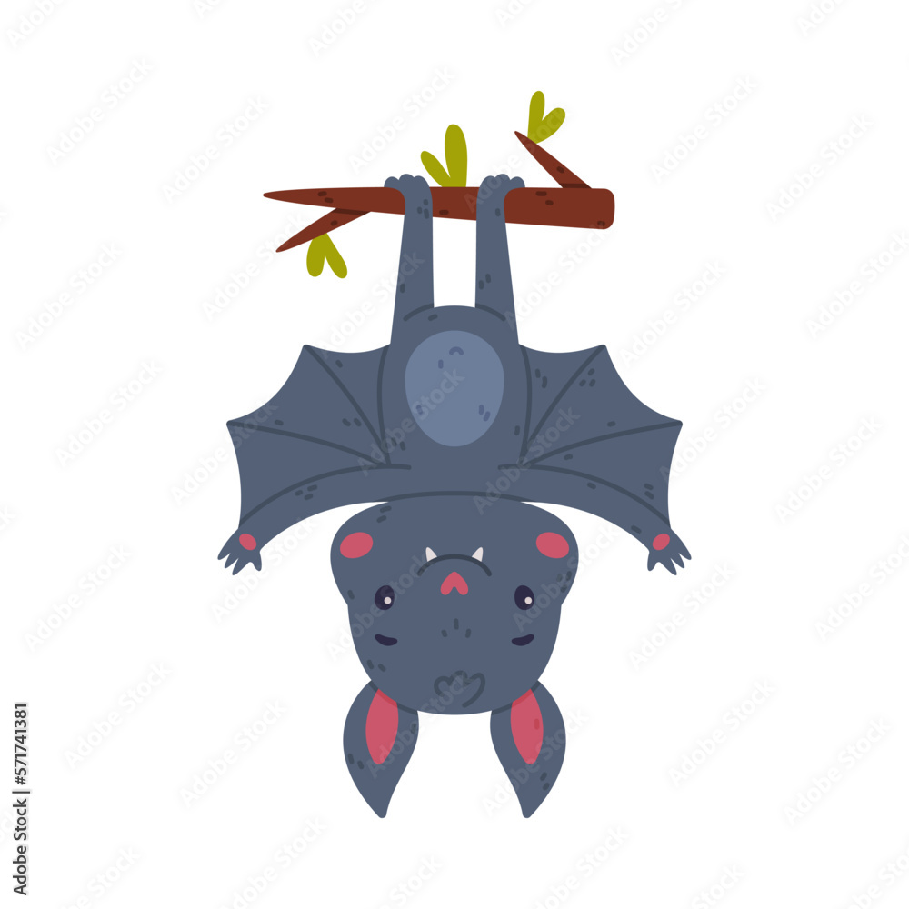 Funny bat hanging upside down on tree branch. Halloween symbol cartoon ...