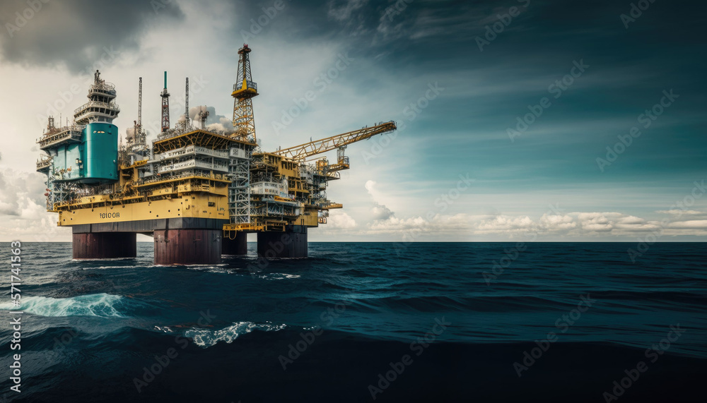 oil rig in the sea, space for copy, Generative AI