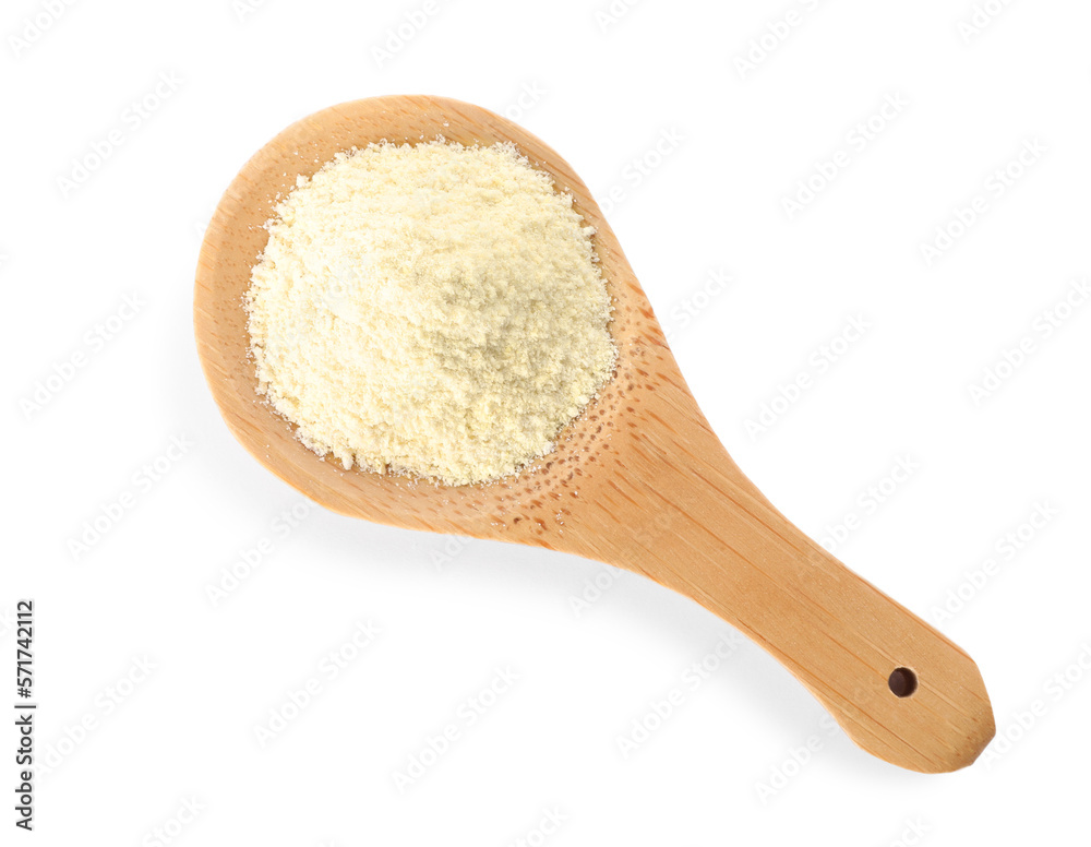 Wooden spoon with quinoa flour isolated on white, top view Wooden spoon with quinoa flour isolated on white, top view