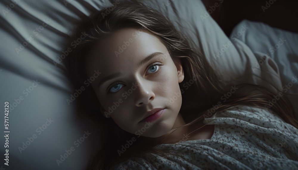 portrait of a little girl lying down on the bed, face tired, sleepy, dark mood, looking at camera from directly above. Generative AI portrait of a little girl lying down on the bed, face tired, sleepy, dark mood, looking at camera from directly above. Generative AI