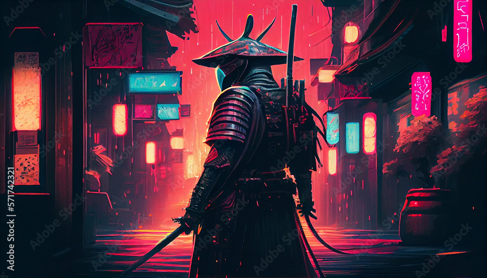 Obraz premium samurai with katana sword on a modern Japanese city street with neon lights, Generative AI