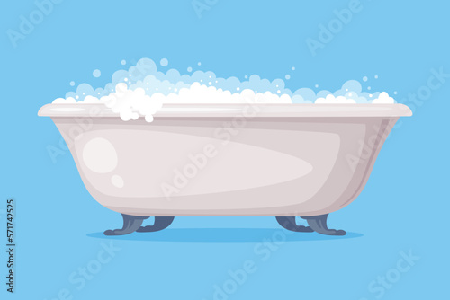 Cast Iron Bathtub on Foot Full of Water with Soap Bubbles Foam Isolated on Blue Background Vector Illustration