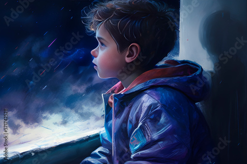 Generative AI, fictionalized by a neural network, a boy looks up at the starry sky, watercolor painting photo