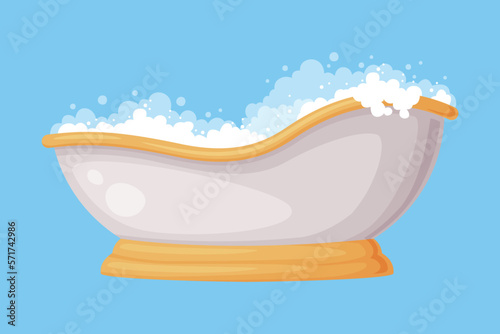 Cast Iron Bathtub on Pedestal Full of Water with Soap Bubbles Foam Isolated on Blue Background Vector Illustration