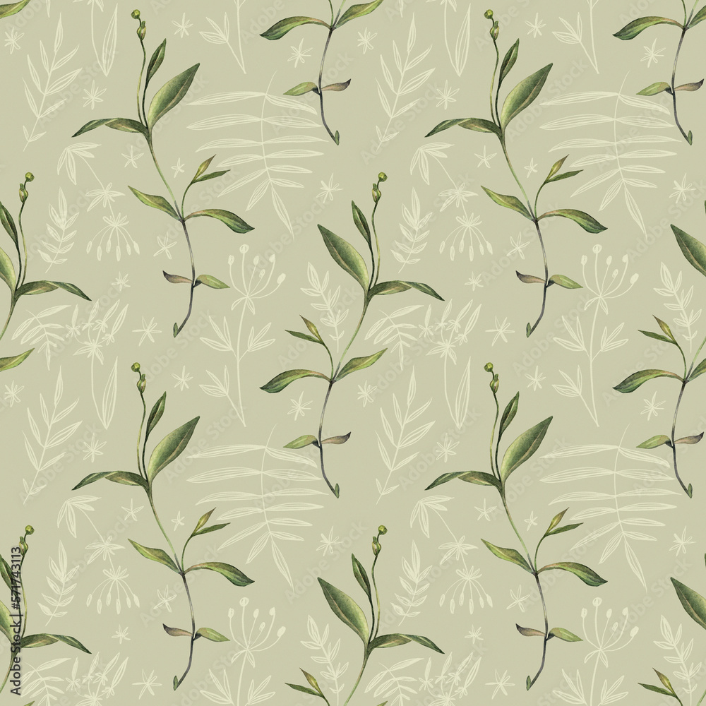 Seamless pattern with watercolor and digital grass and leaves on green background. Hand-drawn bush with bud. Creative wallpaper for invite card, wedding celebration and sticker. Art for wrapping Seamless pattern with watercolor and digital grass and leaves on green background. Hand-drawn bush with bud. Creative wallpaper for invite card, wedding celebration and sticker. Art for wrapping