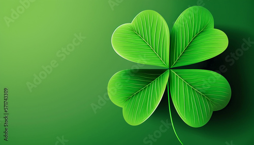 four-leaf green clover for good luck on St. Patrick's Day, bright green background, copy space, generative ai