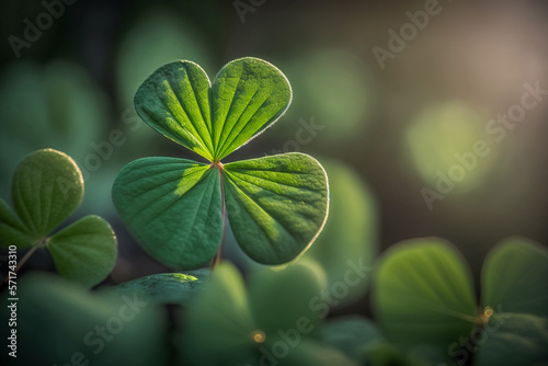 four-leaf green clover for good luck on St. Patrick's Day, bright green background, copy space, generative ai