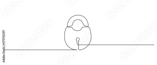 One continuous line drawing of padlock with keyhole. Outline symbol password lock and security privacy safety concept in simple linear style. Editable stroke. Doodle vector illustration