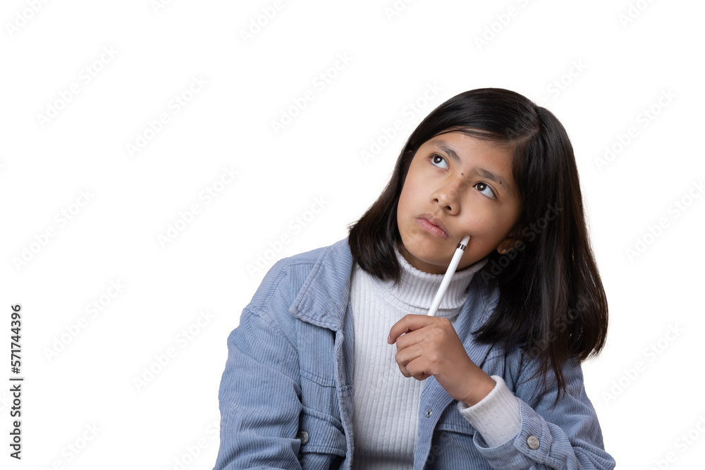 Mexican girl sitting on the floor thinking expression with stylus pen Mexican girl sitting on the floor thinking expression with stylus pen