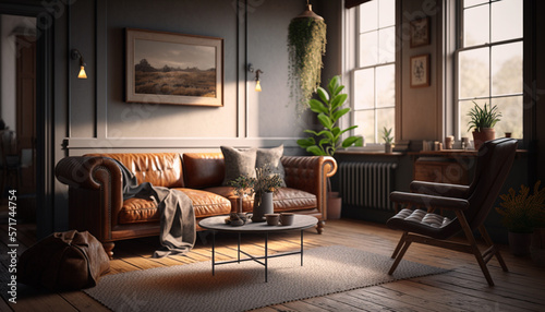 living room with natural materials warm lighting. Generative AI