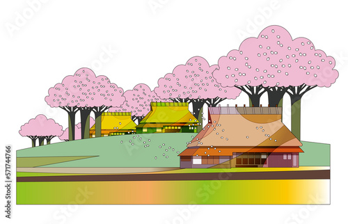 古民家のある美しい日本の山里の風景。桜咲く穏やかな春の山里の風景。
