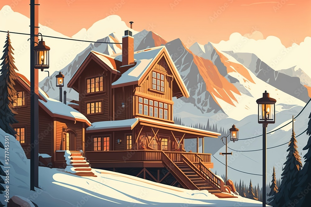 cartoon illustration, chalet or lodge on mountain ski resort with funicular, ai generative