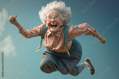  Person in the sky,  old granny falling from the sky. Descending from the blue sky, expressing great joy and happiness restored. Image created with generative ai photo