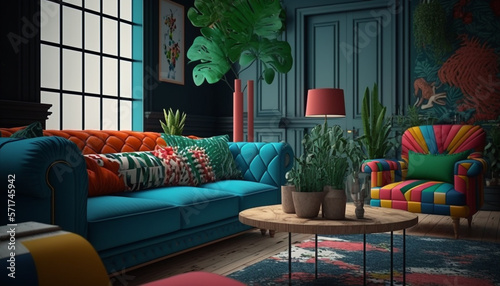 Living room colorful style. Generative AI © Putrasatria