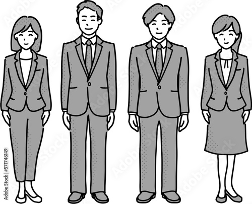 スーツ姿の男女イラスト　4人モノクロ全身