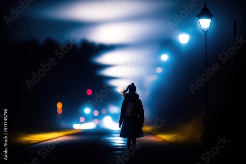 Girl walking allone at night on a dark long road following street lights photo