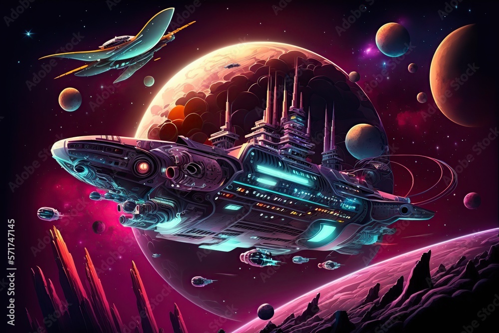 cartoon illustration, spaceship in outer space with planets in the starry sky, ai generative