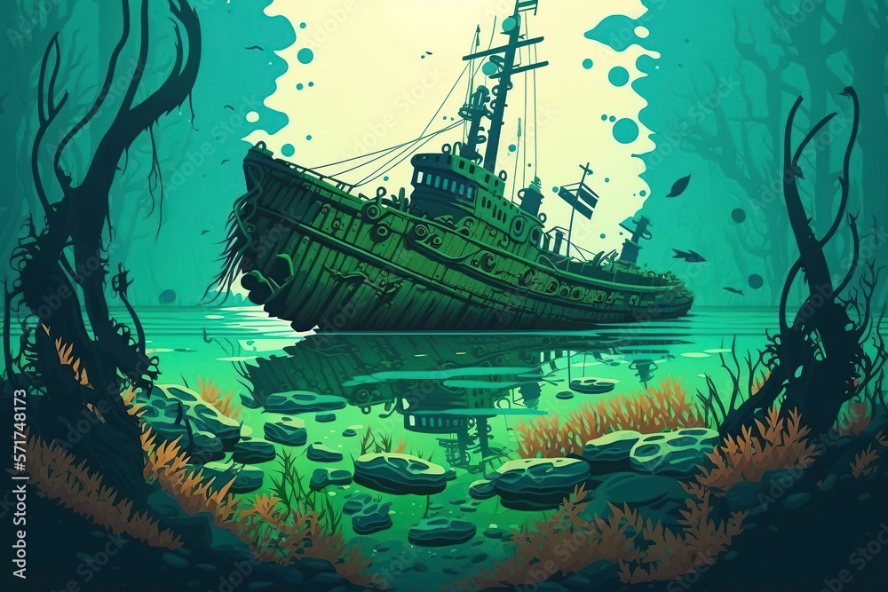 cartoon illustration, sunken steamship wreck in the ocean, ai generative