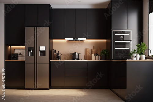 Small, compact modern kitchen for an apartment or flat in black white and beige.  Generative AI. photo