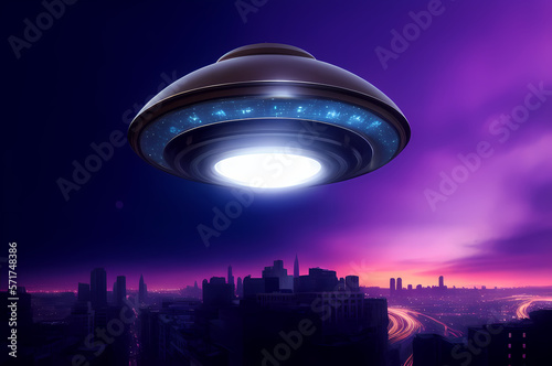 Nighttime scene of illuminated UFO in the shape of a flying saucer hovering over a large city