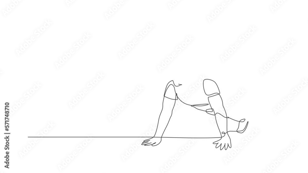Animated self drawing of one continuous line draw young sporty man working out push up in fitness gym club center. Healthy fitness sport concept. Full length single line animation illustration.