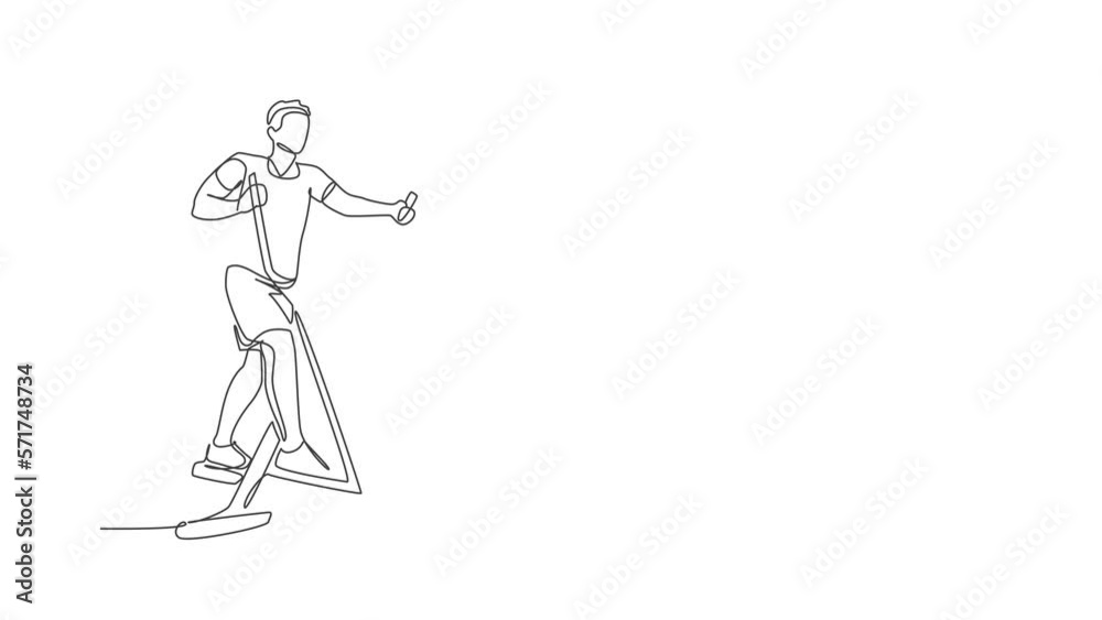 Animated self drawing of one continuous line draw young sporty man working out with elliptical cross in fitness gym club center. Healthy fitness sport concept. Full length single line animation. Animated self drawing of one continuous line draw young sporty man working out with elliptical cross in fitness gym club center. Healthy fitness sport concept. Full length single line animation.