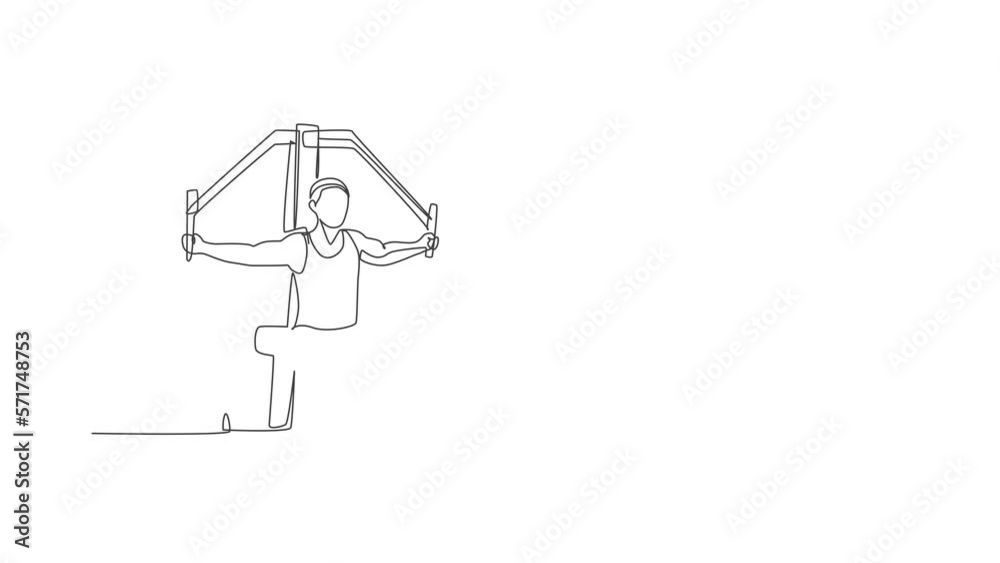 Animation of one line drawing young energetic man exercise with hammer strength machine in gym fitness center. Healthy lifestyle sport concept. Continuous line self draw animated. Full length motion. Animation of one line drawing young energetic man exercise with hammer strength machine in gym fitness center. Healthy lifestyle sport concept. Continuous line self draw animated. Full length motion.