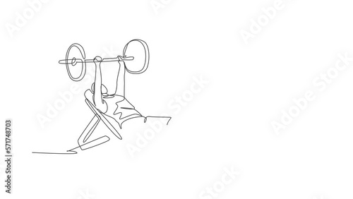 Animated self drawing of single continuous line draw young sportive man training lift barbell on bench press in sport gymnasium club center. Fitness stretching concept. Full length one line animation. photo