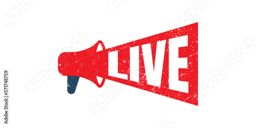 megaphone Live grunge rubber stamp on white, vector illustration