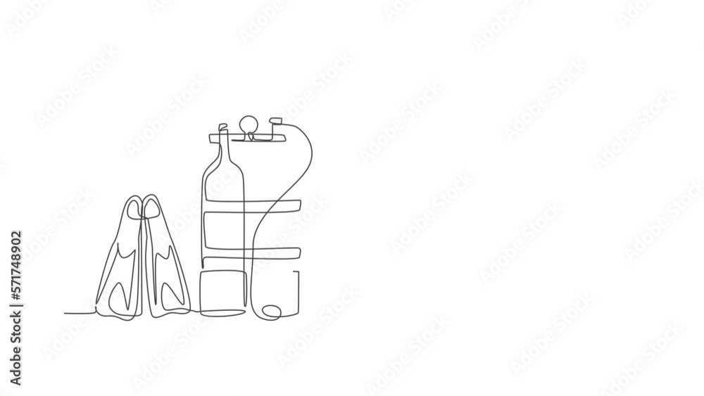 Animation of one line drawing of wetsuit, swimsuit, regulator, oxygen, mask, snorkel goggle, fins. Healthy sport scuba diving equipment concept. Continuous line self draw animated. Full length motion.
