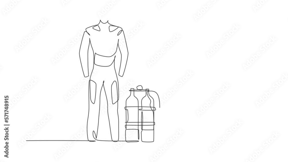 Animated self drawing of continuous line draw wetsuit, swimsuit, regulator, oxygen, mask, snorkel, goggle, fins. Underwater sport scuba diving equipment tools concept. Full length one line animation. Animated self drawing of continuous line draw wetsuit, swimsuit, regulator, oxygen, mask, snorkel, goggle, fins. Underwater sport scuba diving equipment tools concept. Full length one line animation.