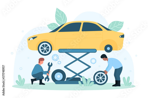 Car tire service vector illustration. Cartoon tiny people from maintenance center change wheel and tyre with mechanic tools, workers characters lift vehicle in garage workshop for car inspection