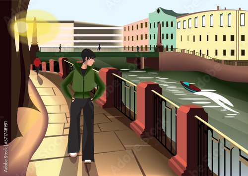 vector illustration of a city scene with a street with a river, boat, buildings, people, bridge, trees and a girl walking. 