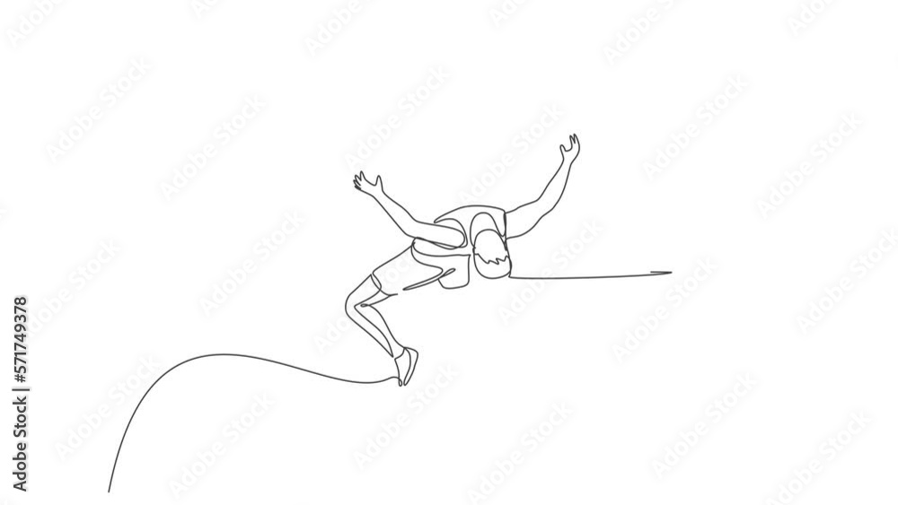 Animated self drawing of continuous line draw young sporty man practicing pass through the bar in high jump game. Healthy athletic sport concept. Championship event. Full length single line animation.