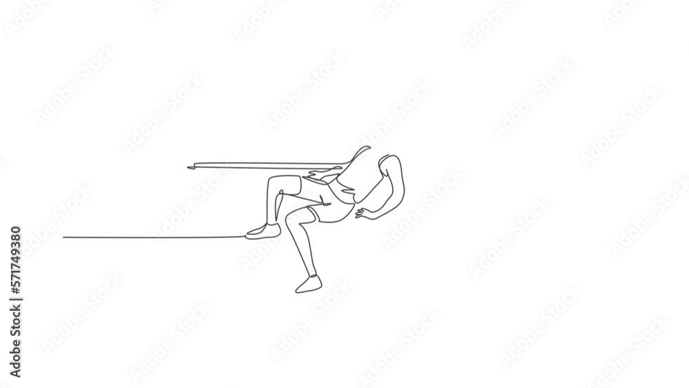 Animated self drawing of continuous line draw sportive man training to pass the bar in high jump game in the field. Healthy athletic sport concept. Tournament event. Full length one line animation. Animated self drawing of continuous line draw sportive man training to pass the bar in high jump game in the field. Healthy athletic sport concept. Tournament event. Full length one line animation.