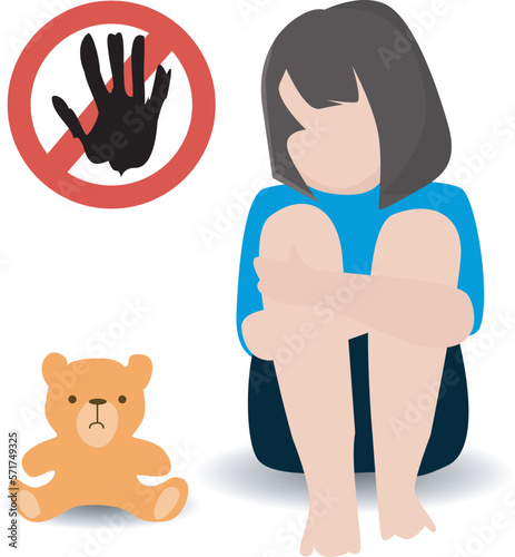 a little girl. experiencing violence. sad sitting with doll, Child abuse, violence. women's violence. towards kids concept design. vector illustration