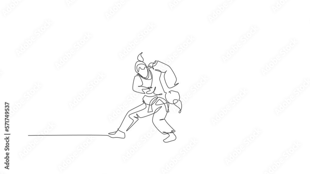 Animated self drawing of one continuous line draw two young sporty women training judo technique at sports hall. Jiu jitsu battle fight sport competition concept. Full length single line animation.