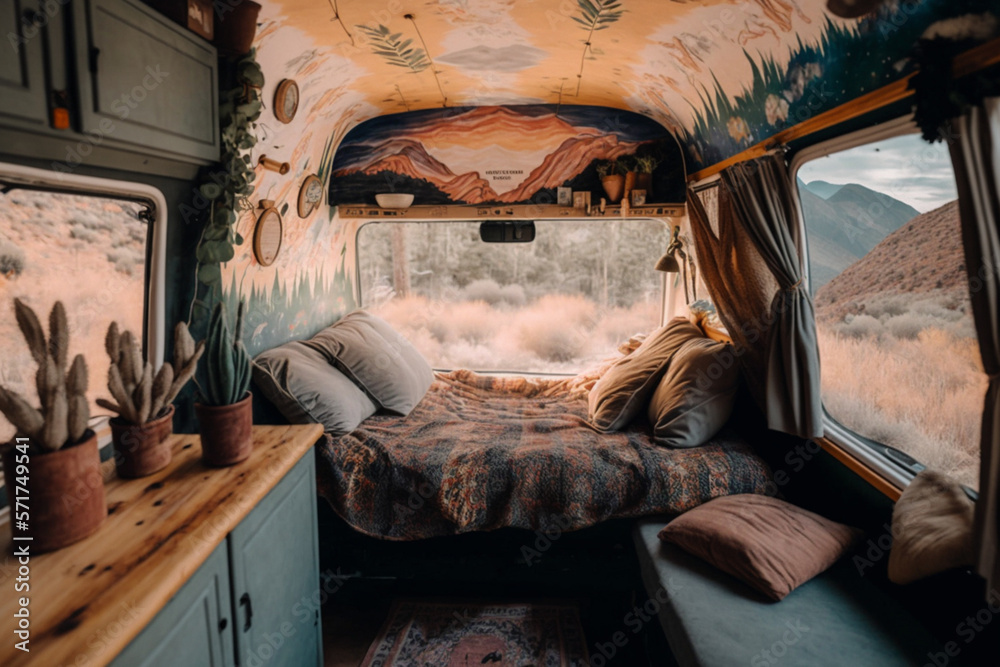 Van life bus interior. Created with generative Ai technology Stock