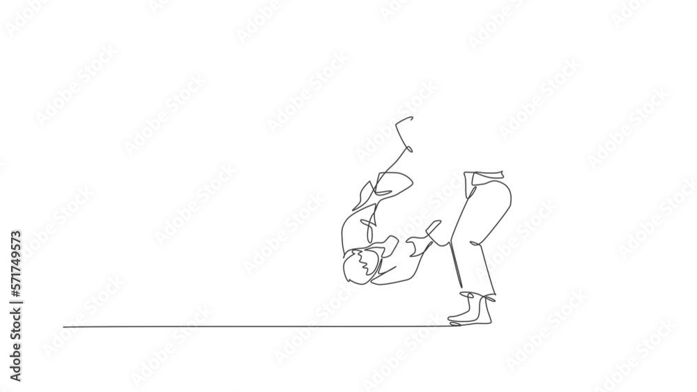 Animation of one line drawing of two young energetic judokas fighter men battle fighting at gym center. Martial art sport competition concept. Continuous line self draw animated. Full length motion. Animation of one line drawing of two young energetic judokas fighter men battle fighting at gym center. Martial art sport competition concept. Continuous line self draw animated. Full length motion.