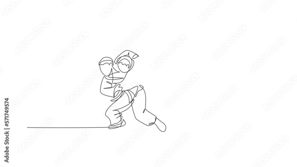 Animated self drawing of continuous line draw two young sportive judoka fighter men practice judo skill at dojo gym center. Fighting jujitsu, aikido sport concept. Full length one line animation. Animated self drawing of continuous line draw two young sportive judoka fighter men practice judo skill at dojo gym center. Fighting jujitsu, aikido sport concept. Full length one line animation.