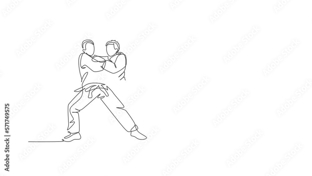 Animated self drawing of one continuous line draw two young sporty men training judo technique at sport hall. Jiu jitsu battle fight sport competition concept. Full length single line animation. Animated self drawing of one continuous line draw two young sporty men training judo technique at sport hall. Jiu jitsu battle fight sport competition concept. Full length single line animation.