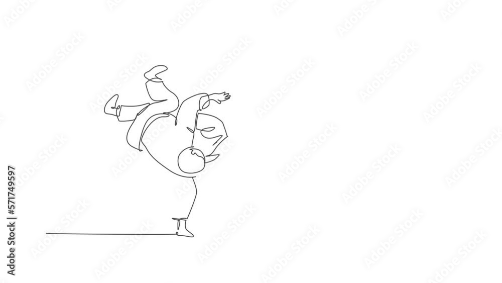 Animated self drawing of one continuous line draw two young sporty men training judo technique at sport hall. Jiu jitsu battle fight sport competition concept. Full length single line animation.