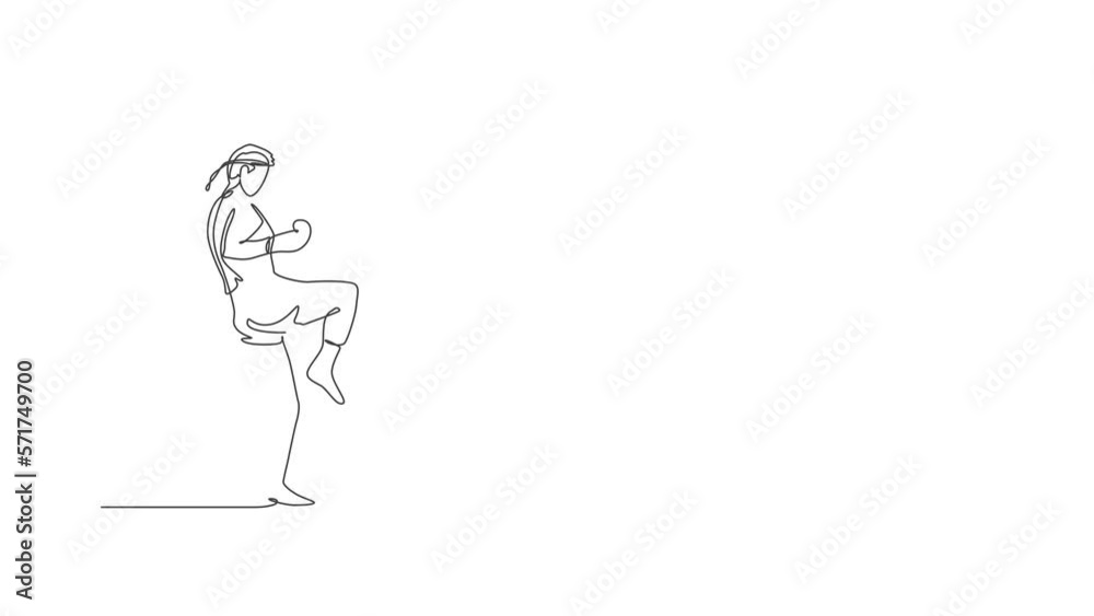 Animation of one line drawing of young energetic muay thai fighter man exercising at gym fitness center. Combative thai boxing sport concept. Continuous line self draw animated. Full length motion. Animation of one line drawing of young energetic muay thai fighter man exercising at gym fitness center. Combative thai boxing sport concept. Continuous line self draw animated. Full length motion.