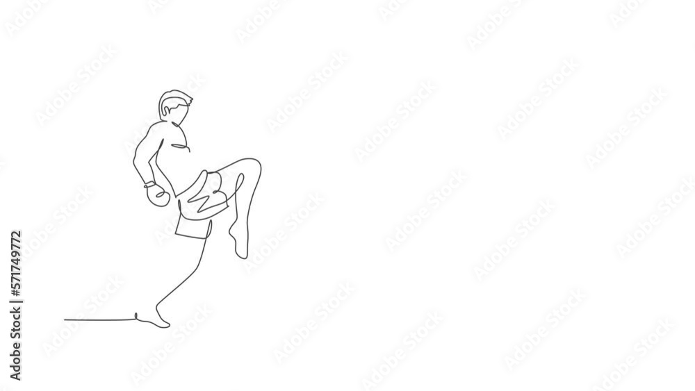 Animated self drawing of continuous line draw young sporty muay thai boxer man preparing to fight, stance kick at box arena. Fighting sport game concept. Full length single line animation illustration Animated self drawing of continuous line draw young sporty muay thai boxer man preparing to fight, stance kick at box arena. Fighting sport game concept. Full length single line animation illustration